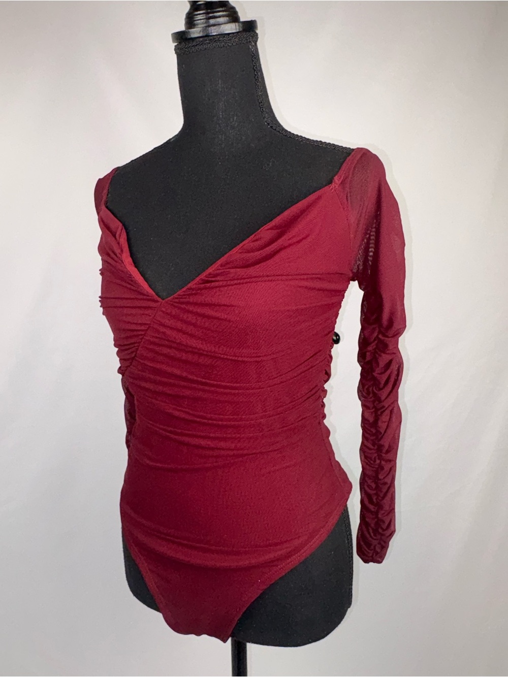 Burgundy bodysuit Deep V-neck Ruched Sheer Long-Sleeve - Picture 4 of 10